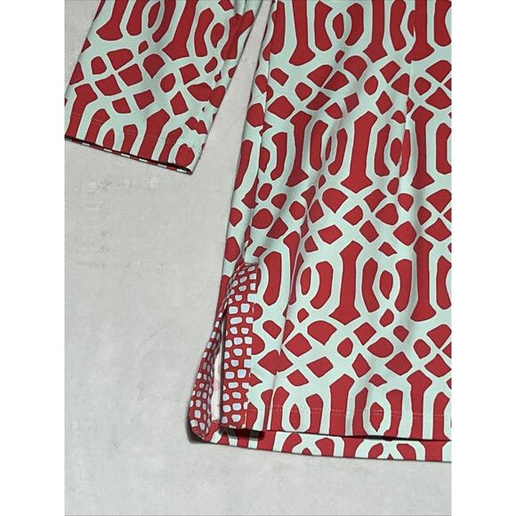 J McLaughlin Catalina Cloth Top Womens Medium 3/4 Sleeve Coral Aqua 1/4 Button - Picture 7 of 12